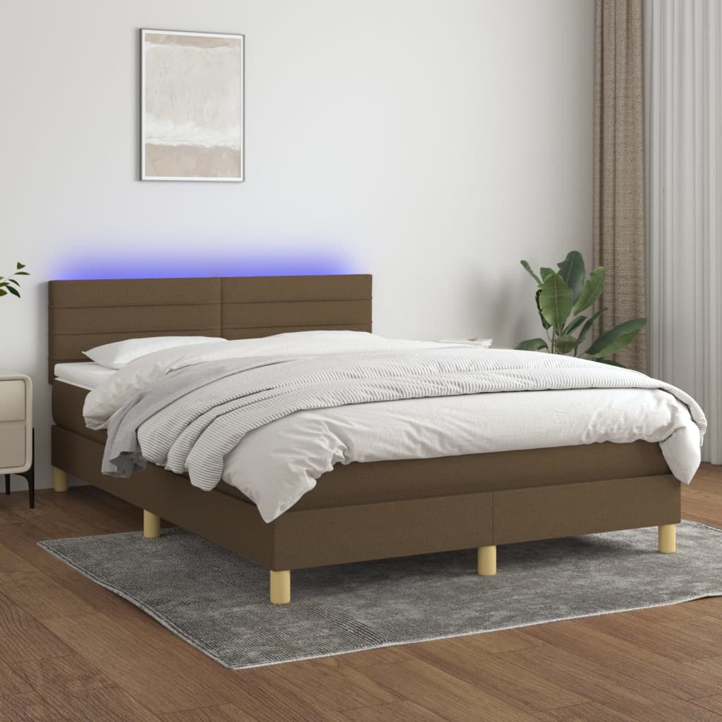 vidaXL Pat cu arcuri, saltea și LED, maro închis, 140x190 cm, textil vidaXL Pat cu arcuri, saltea și LED, maro închis, 140x190 cm, textil