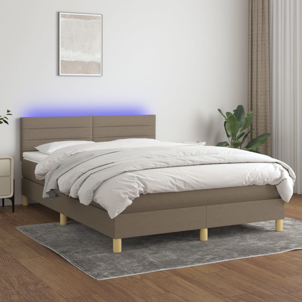 vidaXL Pat cu arcuri, saltea și LED, gri taupe, 140x190 cm, textil vidaXL Pat cu arcuri, saltea și LED, gri taupe, 140x190 cm, textil