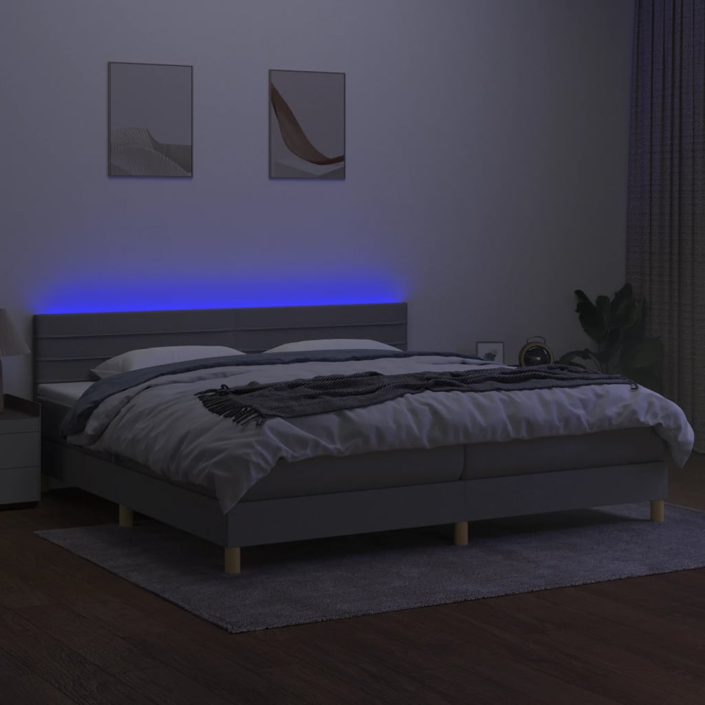 vidaXL Pat cu arcuri, saltea și LED, gri deschis, 200x200 cm, textil