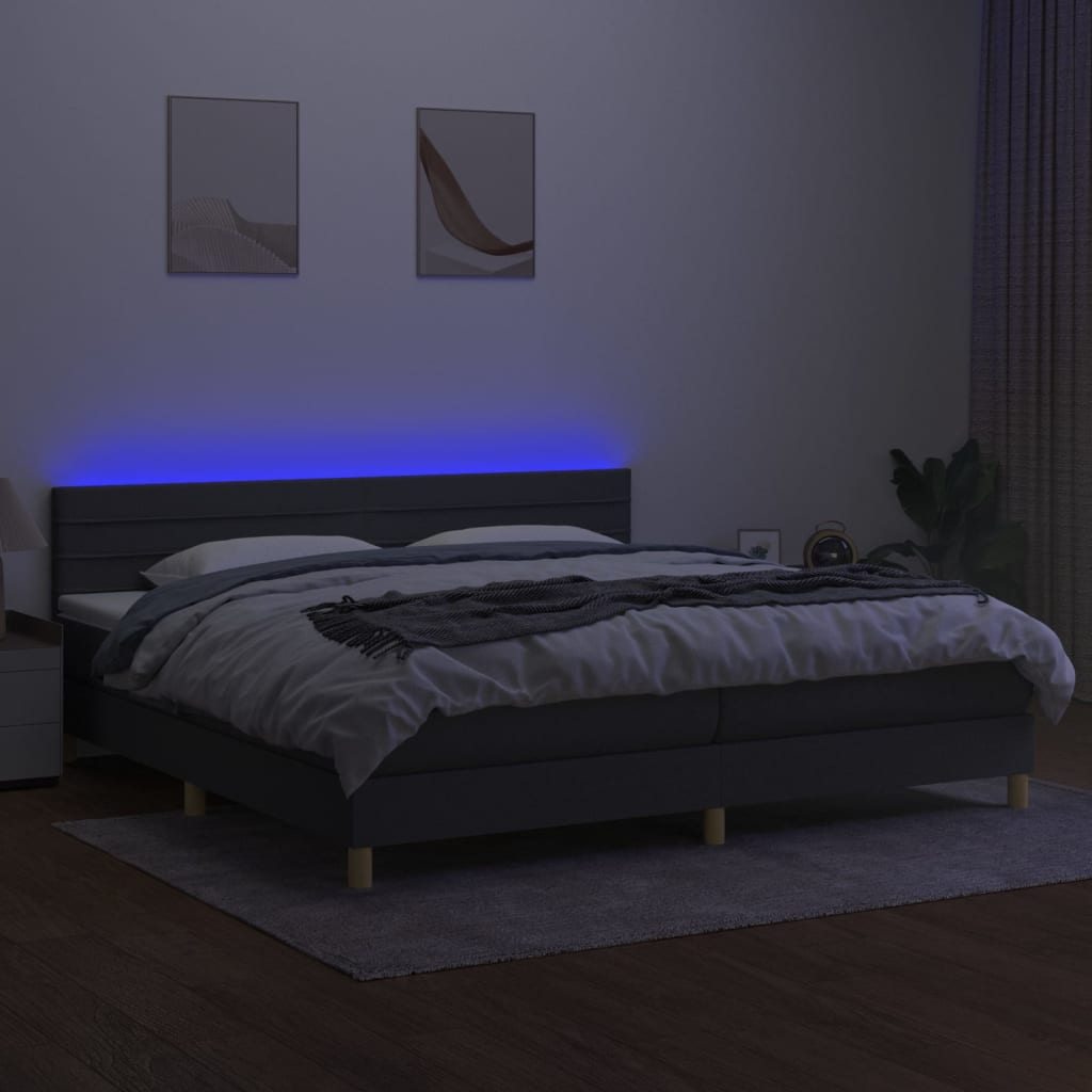 vidaXL Pat cu arcuri, saltea și LED, gri închis, 200x200 cm, textil
