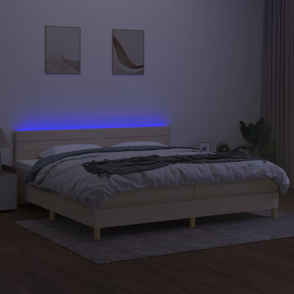 vidaXL Pat cu arcuri, saltea și LED, crem, 200x200 cm, textil