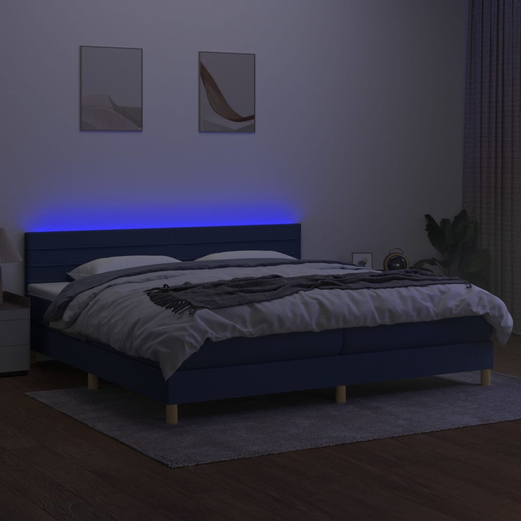 vidaXL Pat cu arcuri, saltea și LED, albastru, 200x200 cm, textil