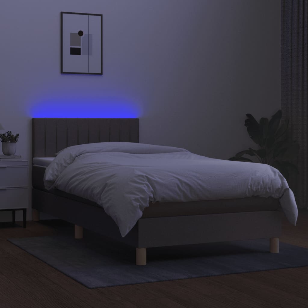 vidaXL Pat cu arcuri, saltea și LED, gri taupe, 90x190 cm, textil