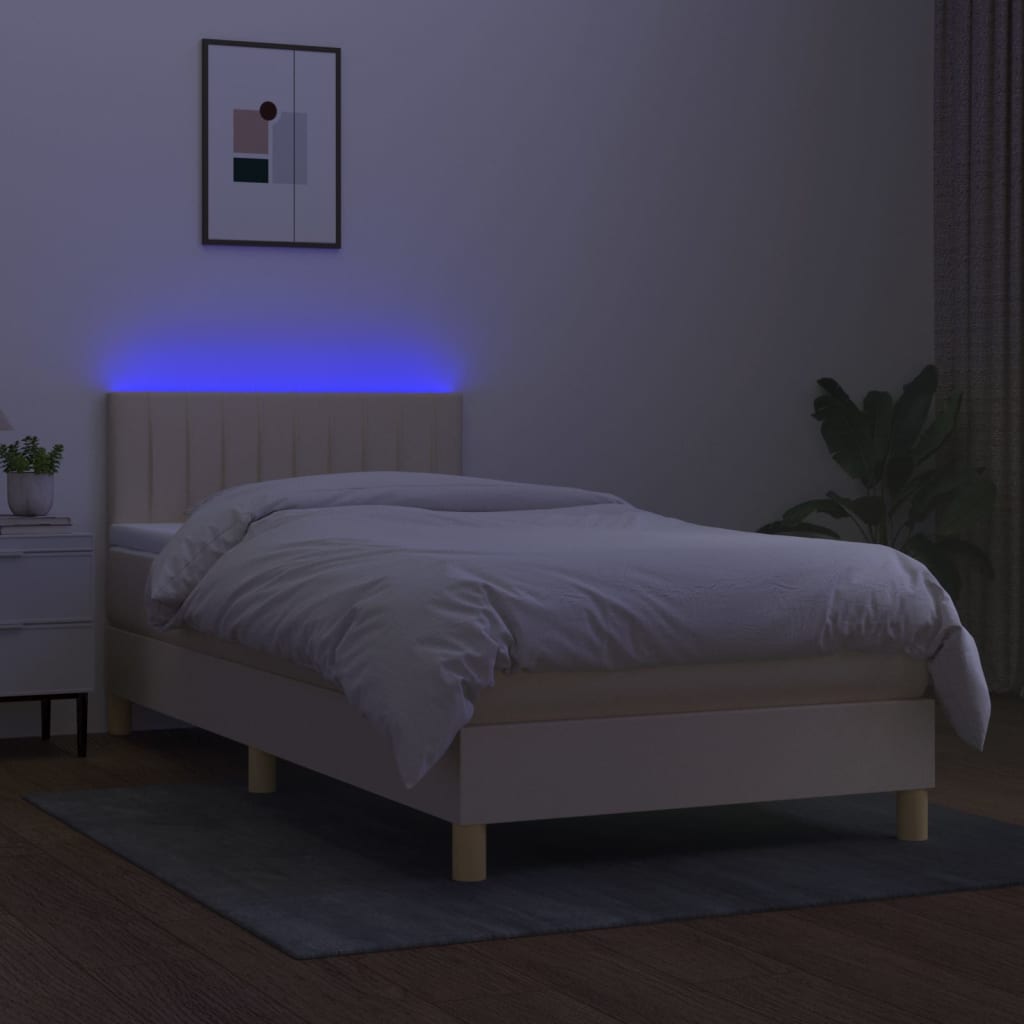 vidaXL Pat cu arcuri, saltea și LED, crem, 90x200 cm, textil