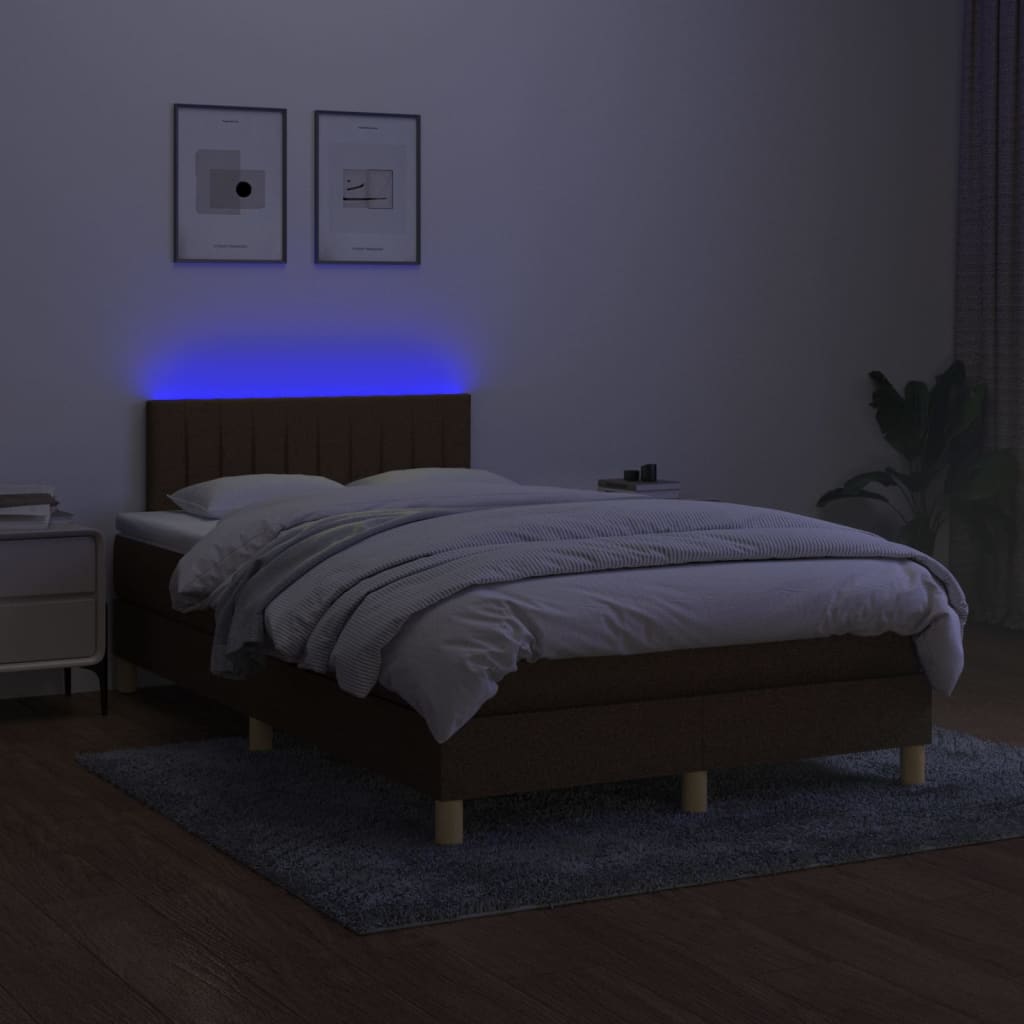 vidaXL Pat cu arcuri, saltea și LED, maro închis, 120x200 cm, textil vidaXL Pat cu arcuri, saltea și LED, maro închis, 120x200 cm, textil