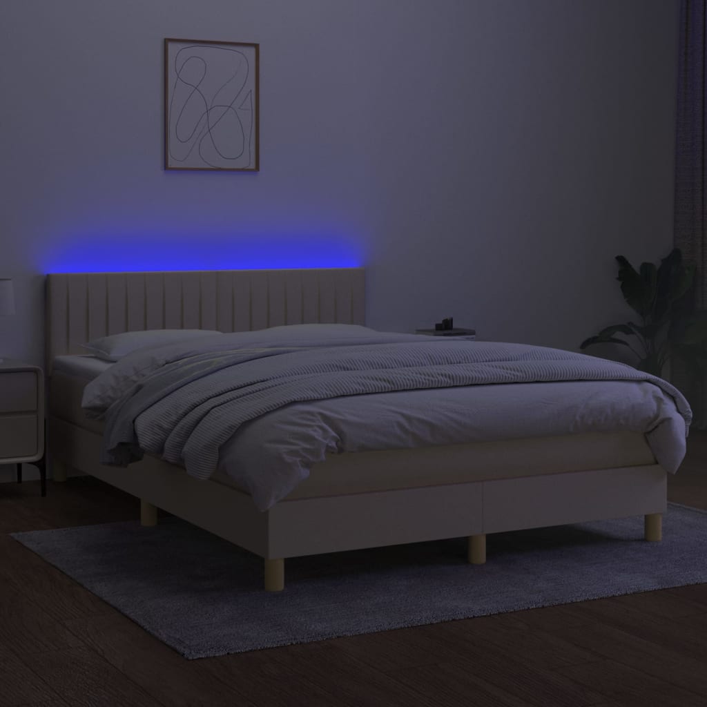 vidaXL Pat cu arcuri, saltea și LED, crem, 140x200 cm, textil