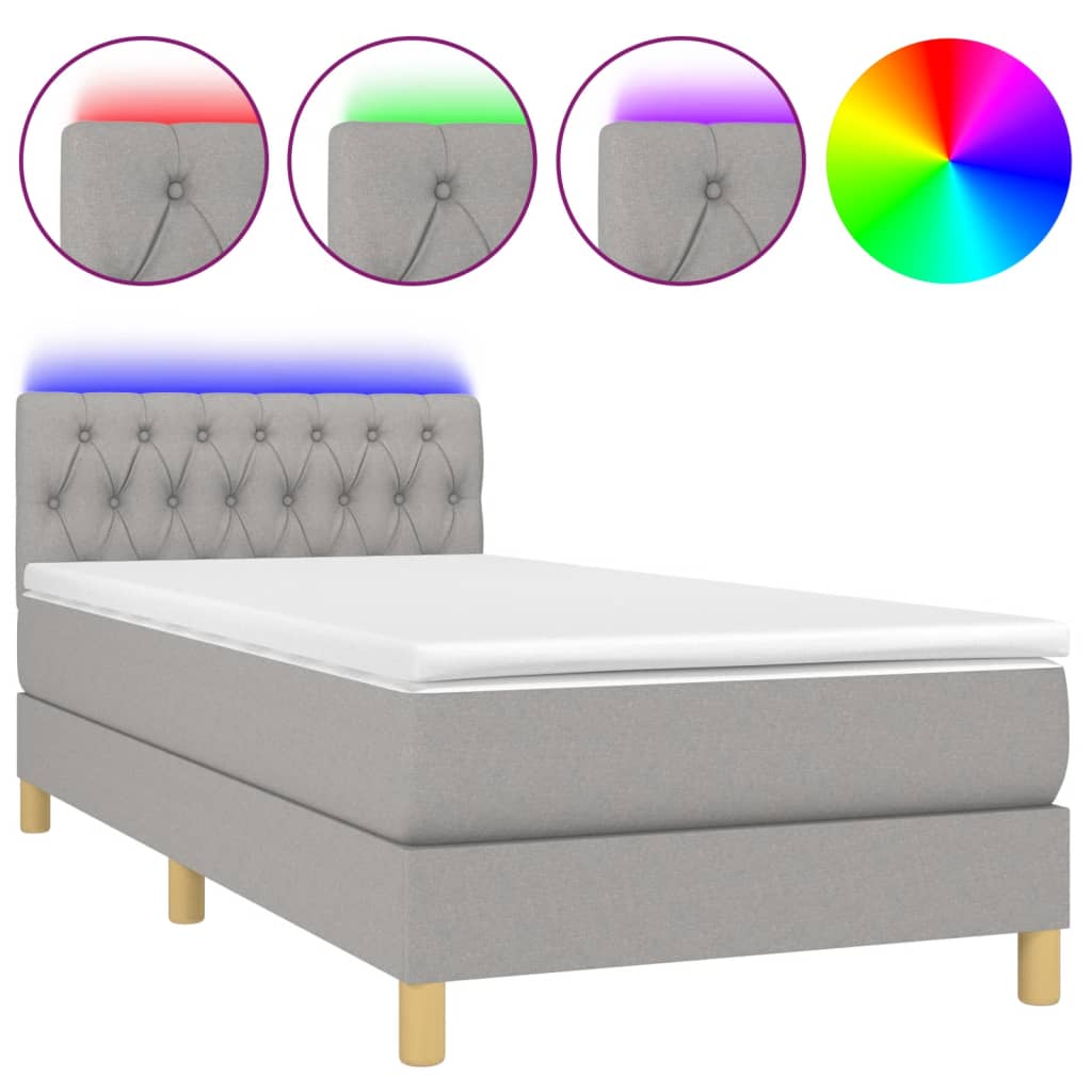 vidaXL Pat cu arcuri, saltea și LED, gri deschis, 90x200 cm, textil vidaXL Pat cu arcuri, saltea și LED, gri deschis, 90x200 cm, textil