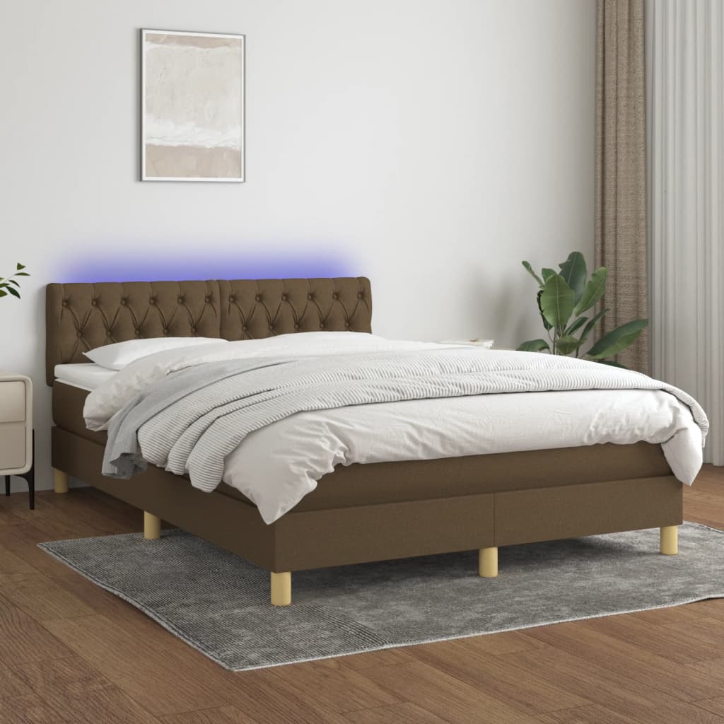 vidaXL Pat cu arcuri, saltea și LED, maro închis, 140x190 cm, textil vidaXL Pat cu arcuri, saltea și LED, maro închis, 140x190 cm, textil