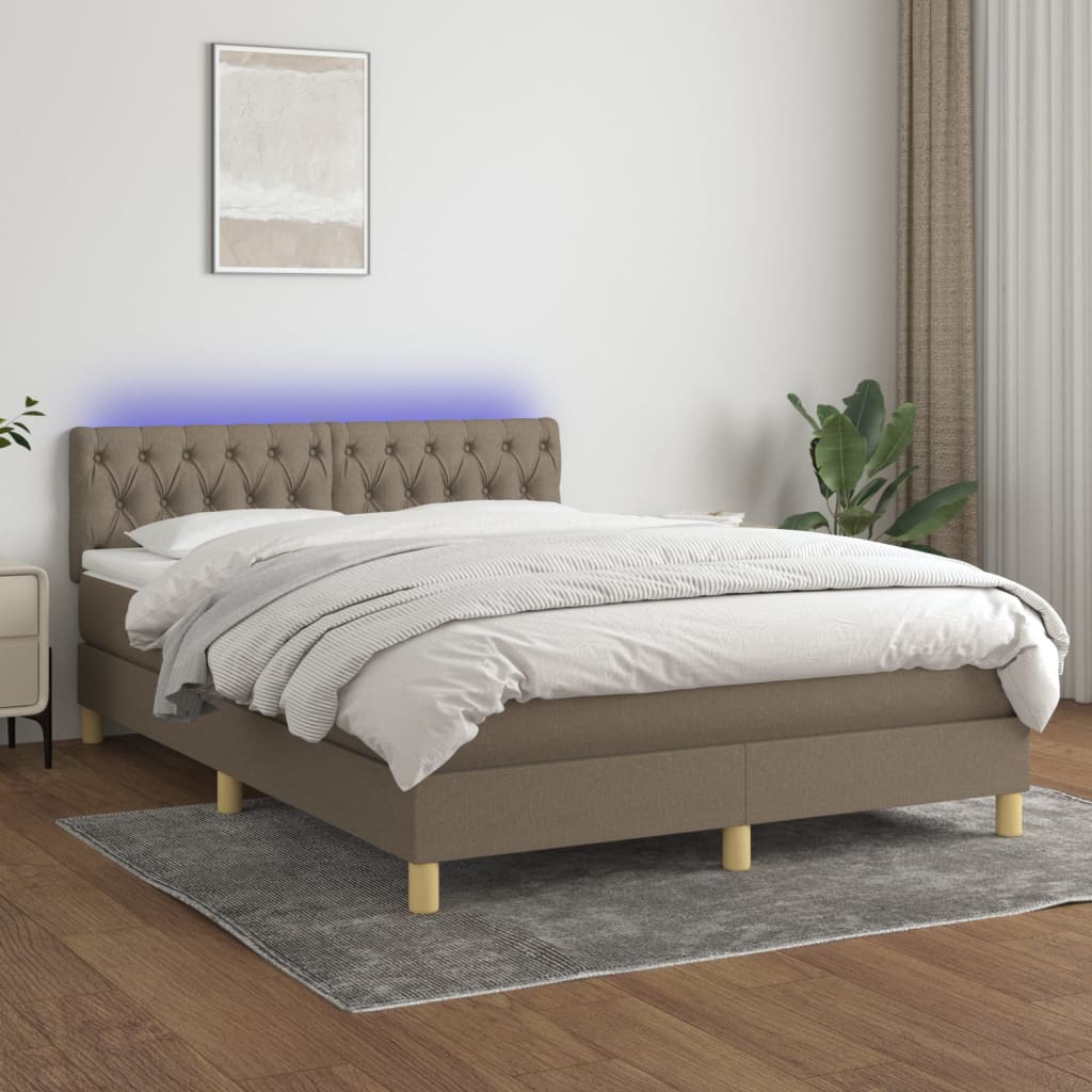 vidaXL Pat cu arcuri, saltea și LED, gri taupe, 140x190 cm, textil vidaXL Pat cu arcuri, saltea și LED, gri taupe, 140x190 cm, textil