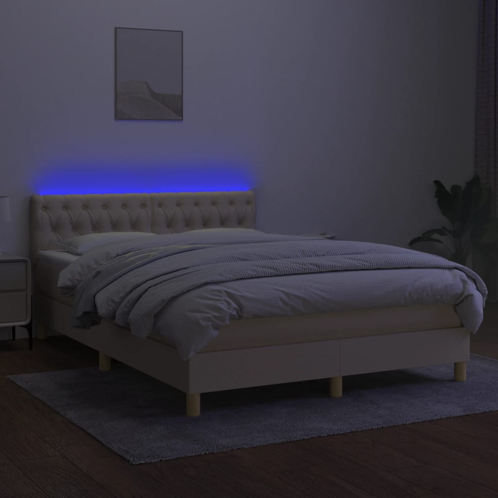 vidaXL Pat cu arcuri, saltea și LED, crem, 140x200 cm, textil