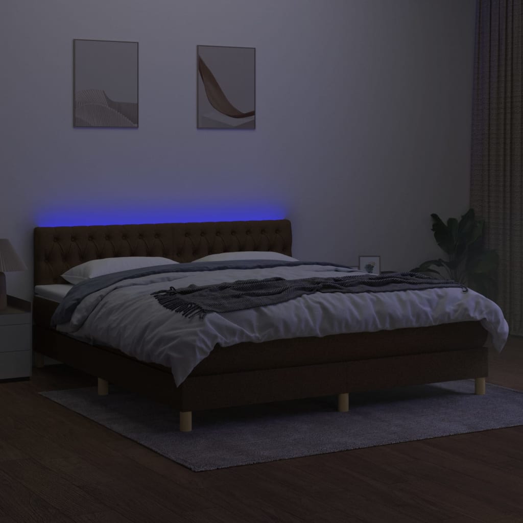 vidaXL Pat cu arcuri, saltea și LED, maro închis, 160x200 cm, textil vidaXL Pat cu arcuri, saltea și LED, maro închis, 160x200 cm, textil