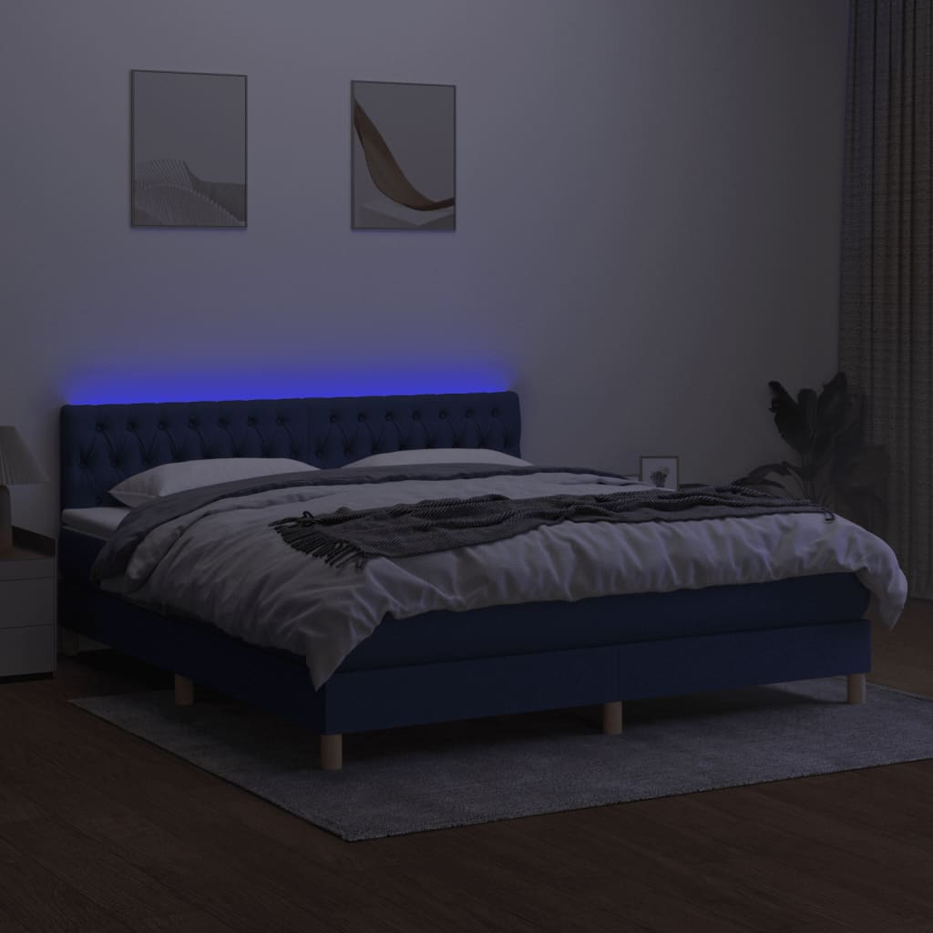 vidaXL Pat cu arcuri, saltea și LED, albastru, 160x200 cm, textil