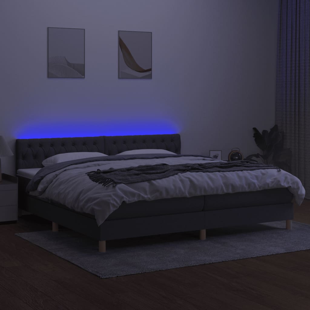 vidaXL Pat cu arcuri, saltea și LED, gri închis, 200x200 cm, textil