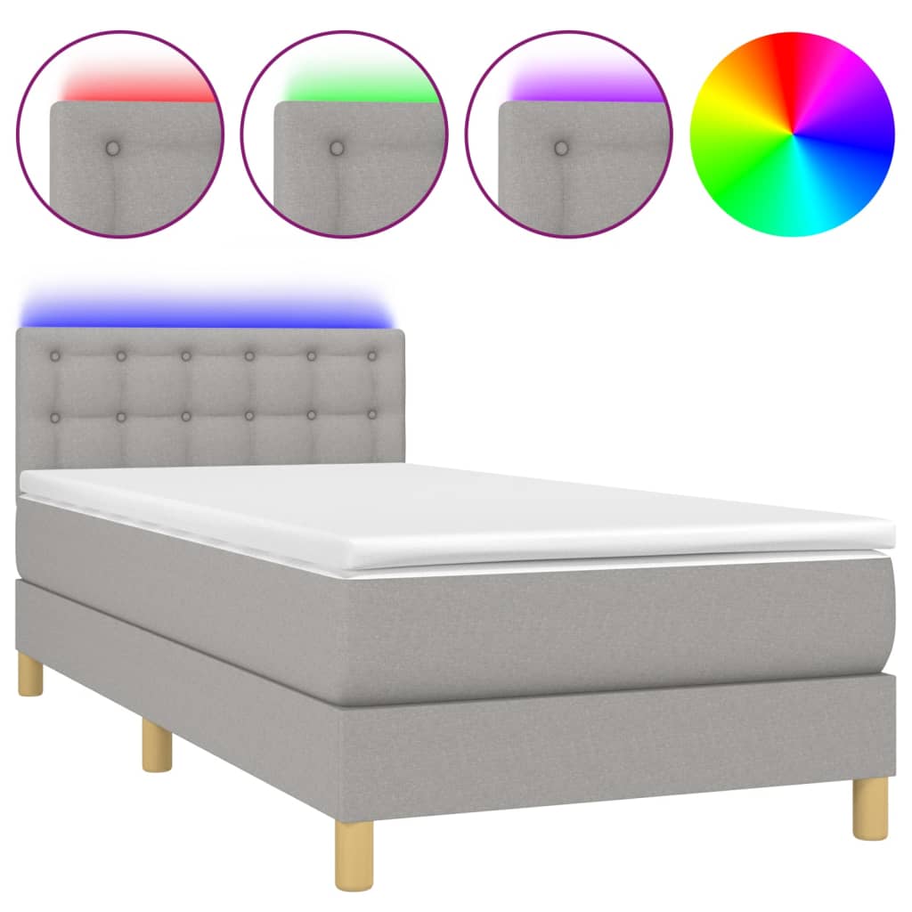 vidaXL Pat cu arcuri, saltea și LED, gri deschis, 90x200 cm, textil vidaXL Pat cu arcuri, saltea și LED, gri deschis, 90x200 cm, textil