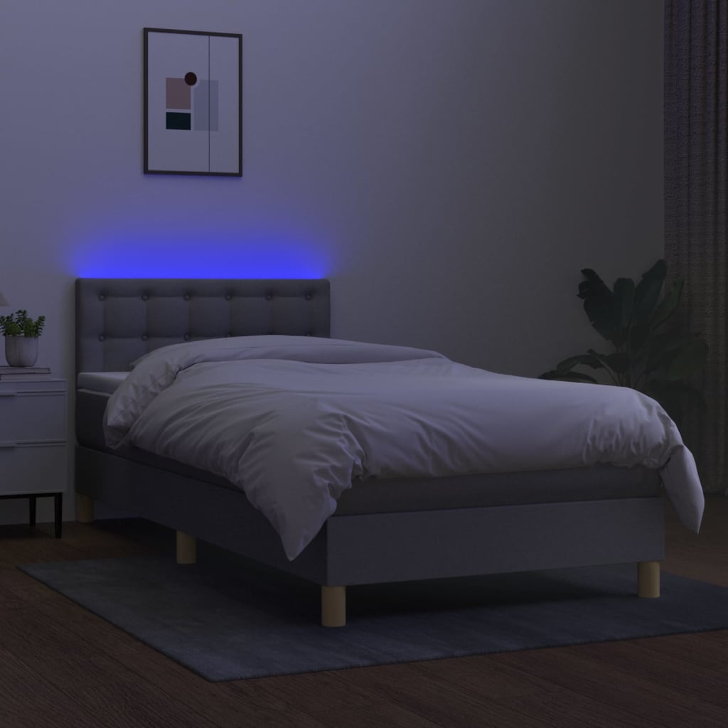vidaXL Pat cu arcuri, saltea și LED, gri deschis, 90x200 cm, textil vidaXL Pat cu arcuri, saltea și LED, gri deschis, 90x200 cm, textil