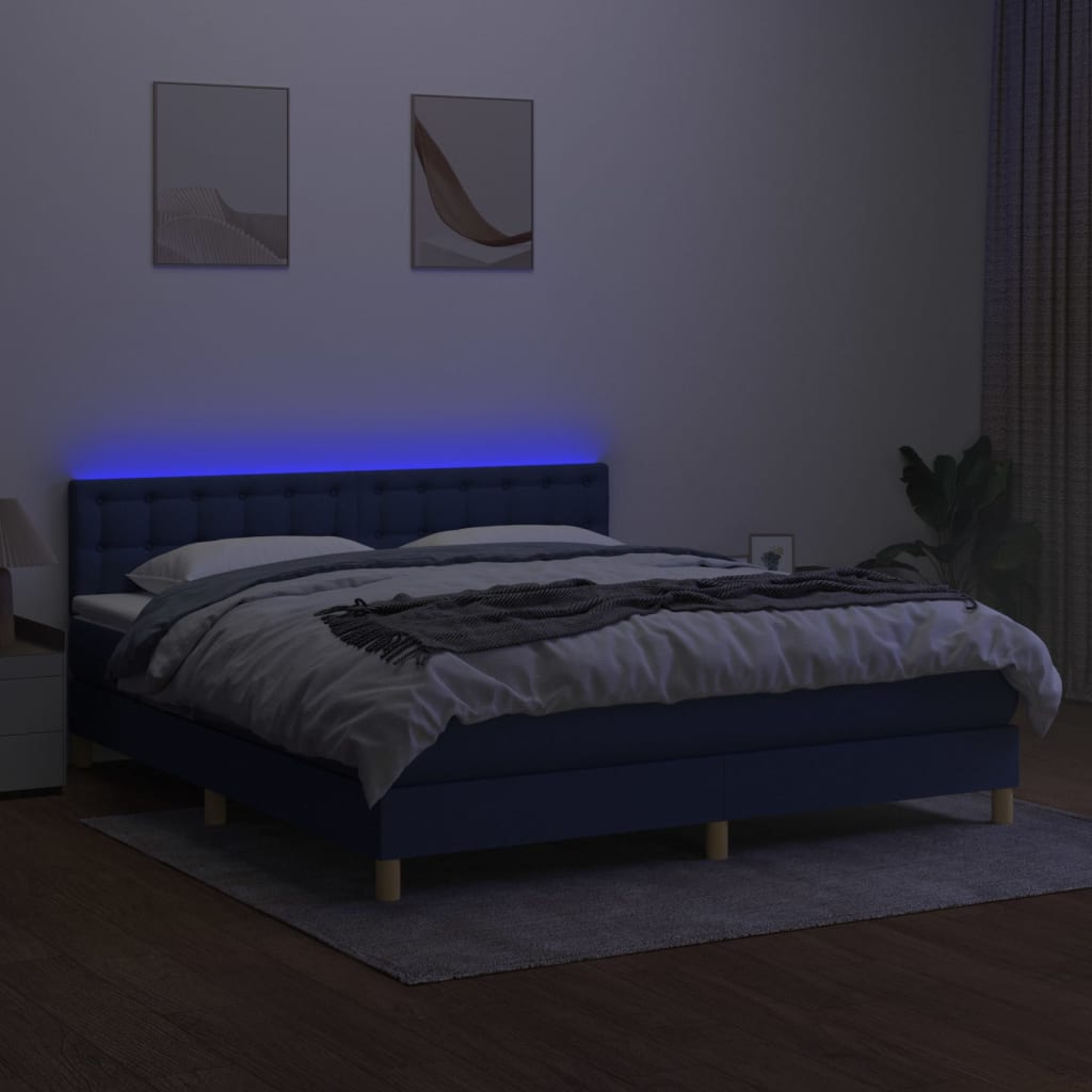 vidaXL Pat cu arcuri, saltea și LED, albastru, 180x200 cm, textil