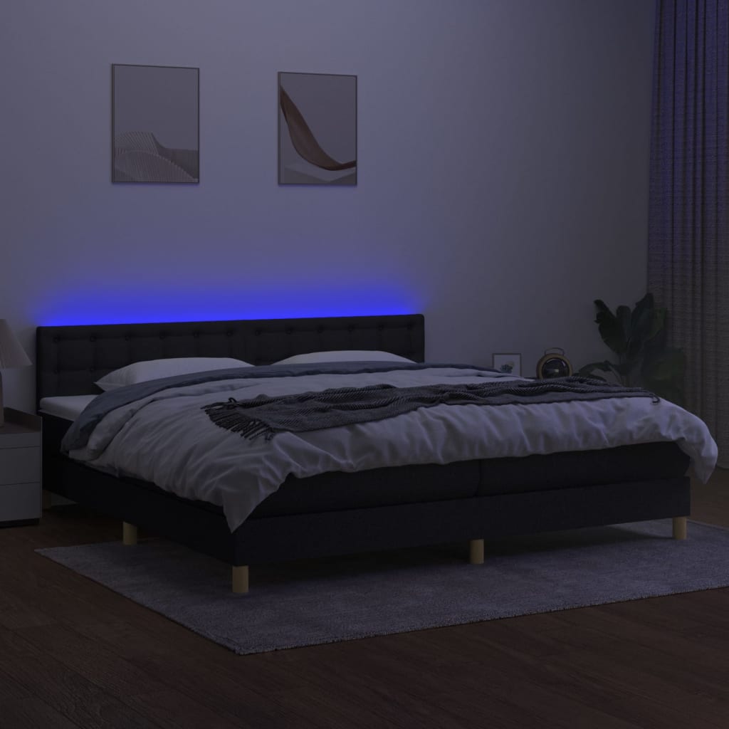 vidaXL Pat cu arcuri, saltea și LED, negru, 200x200 cm, textil