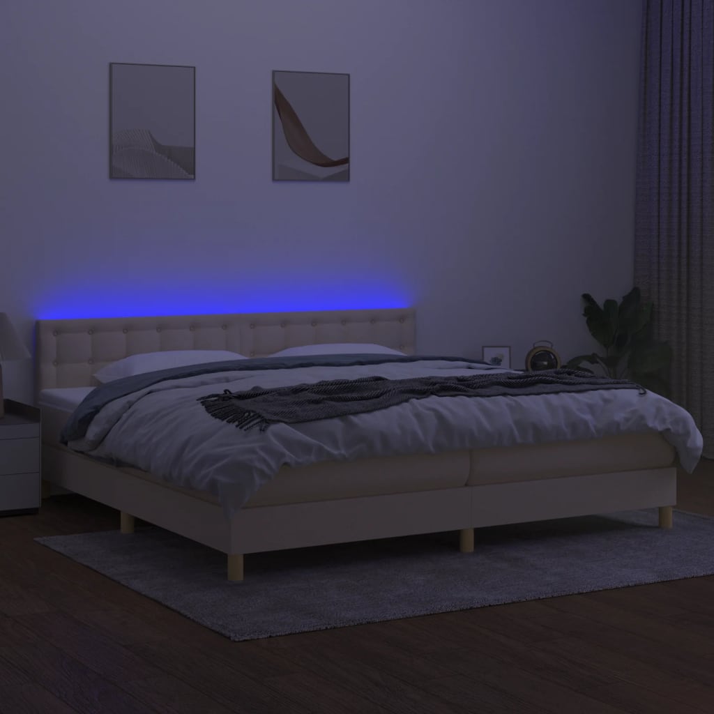 vidaXL Pat cu arcuri, saltea și LED, crem, 200x200 cm, textil