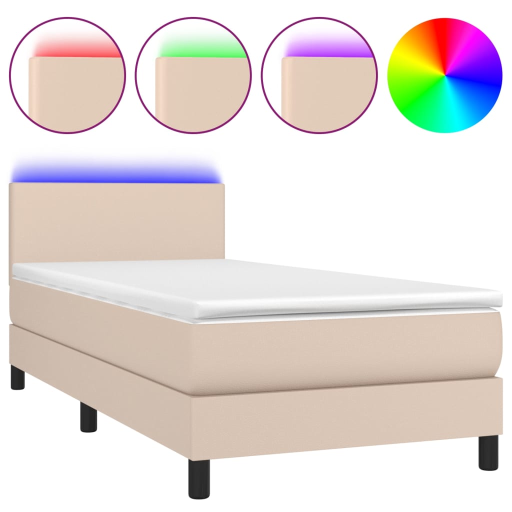 vidaXL Pat cu arcuri, cu saltea și LED, cappuccino 90x200 cm piele eco
