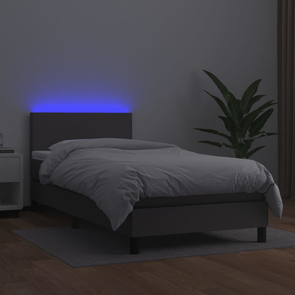 vidaXL Pat cu arcuri, saltea și LED, gri, 100x200 cm, piele ecologică