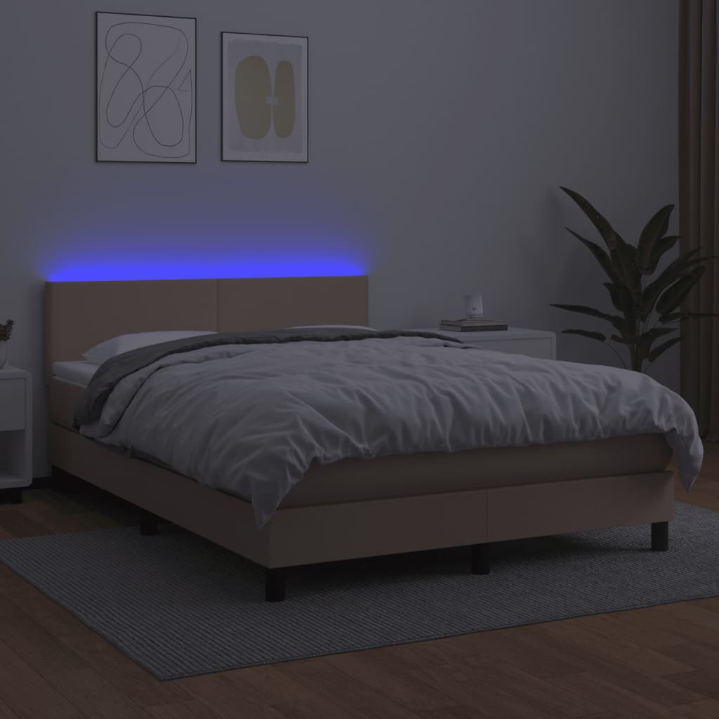 vidaXL Pat cu arcuri, cu saltea și LED cappuccino 140x190 cm piele eco