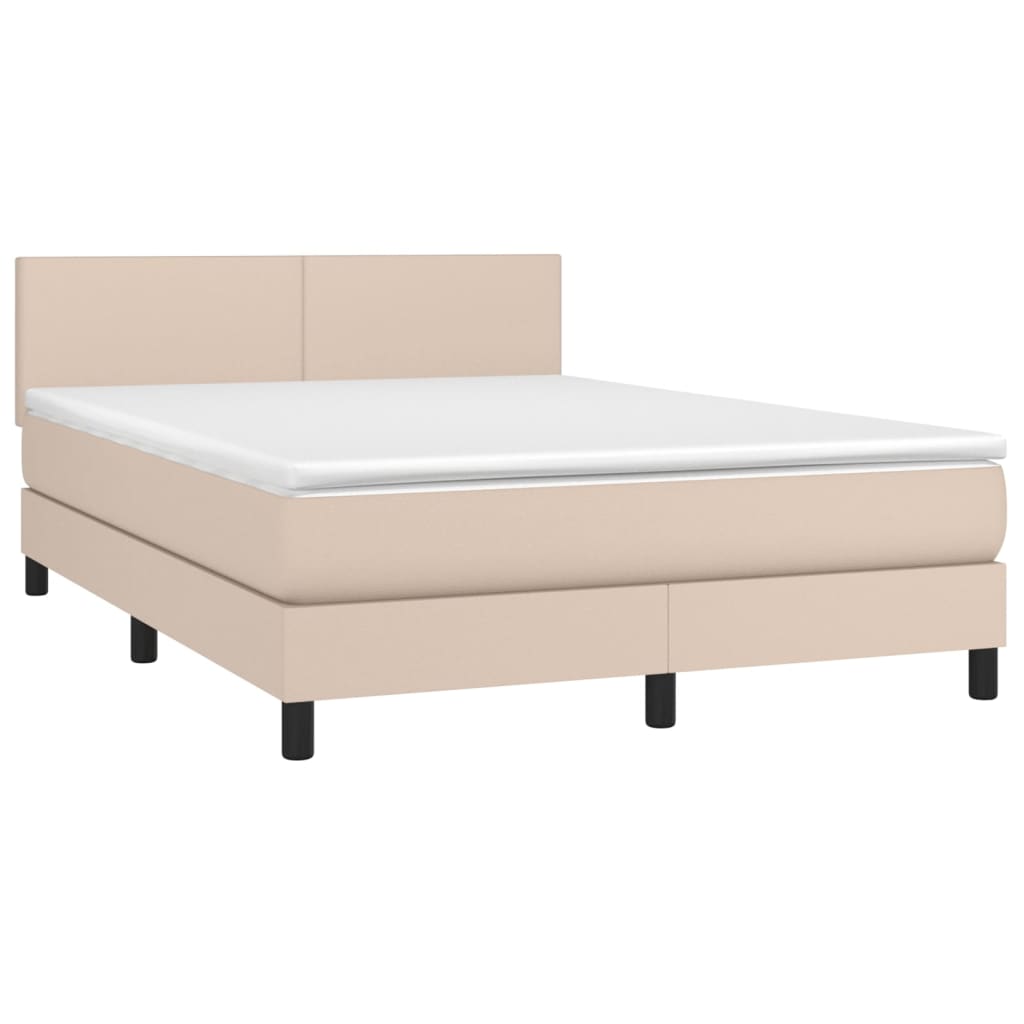 vidaXL Pat cu arcuri, saltea și LED, cappuccino, 140x200cm, piele eco