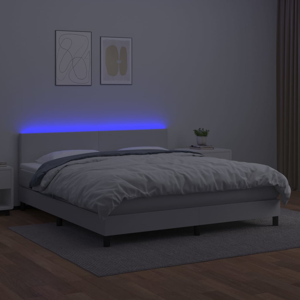 vidaXL Pat cu arcuri, saltea și LED, alb, 160x200 cm, piele ecologică