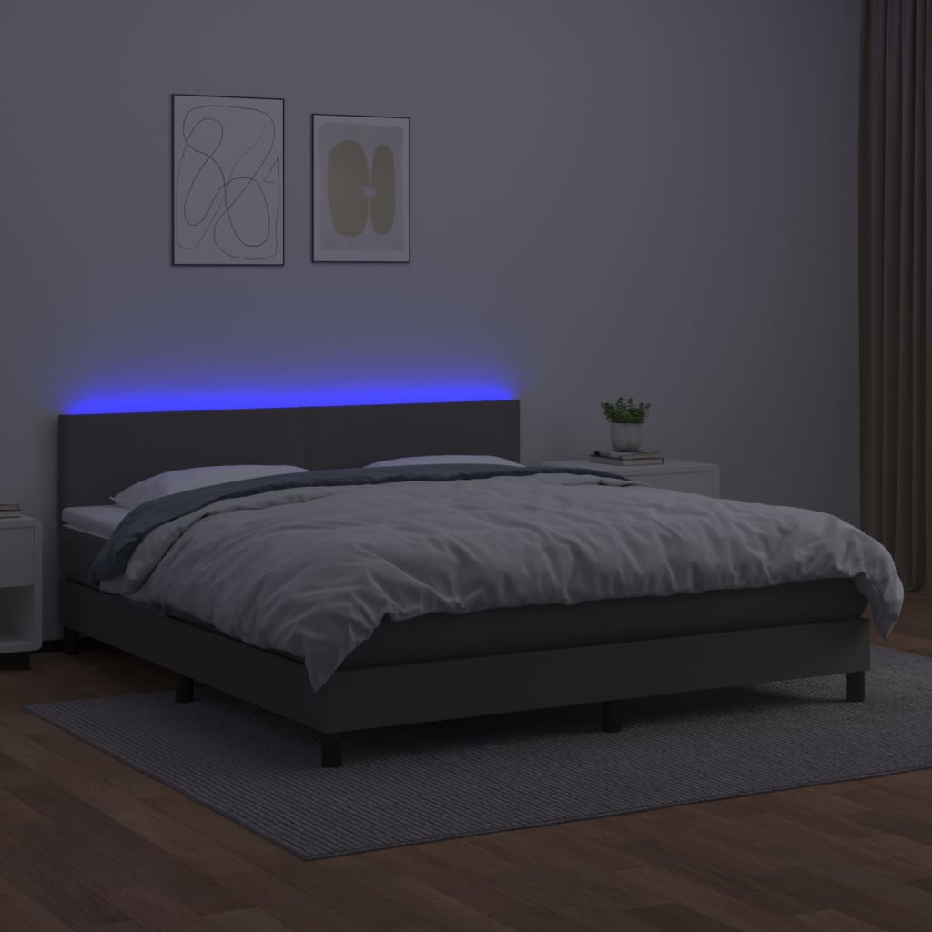 vidaXL Pat cu arcuri, saltea și LED, gri, 160x200 cm, piele ecologică