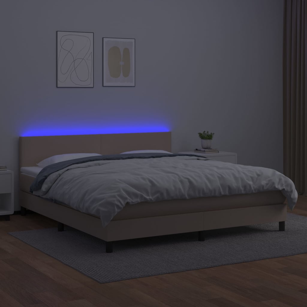 vidaXL Pat cu arcuri, cu saltea și LED, cappuccino 160x200cm piele eco vidaXL Pat cu arcuri, cu saltea și LED, cappuccino 160x200cm piele eco
