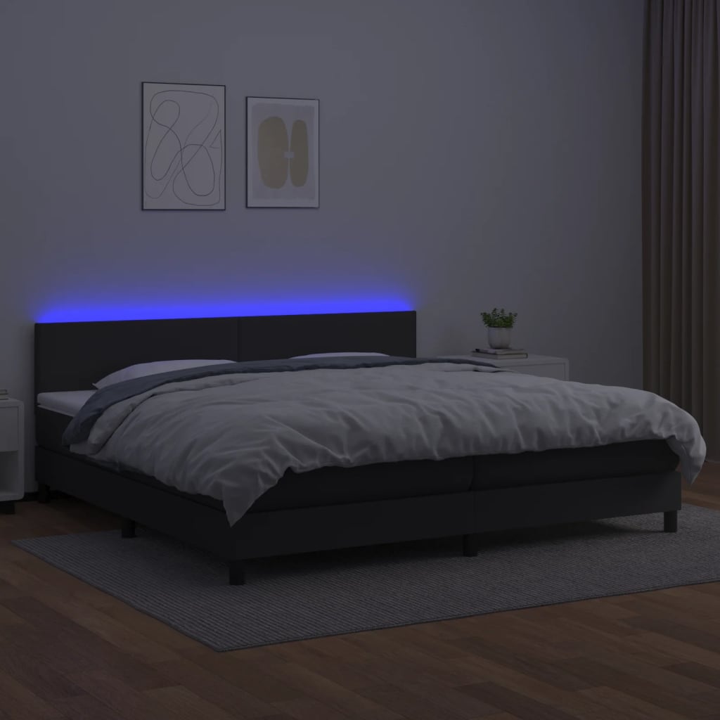 vidaXL Pat cu arcuri, saltea și LED, negru, 200x200cm, piele ecologică