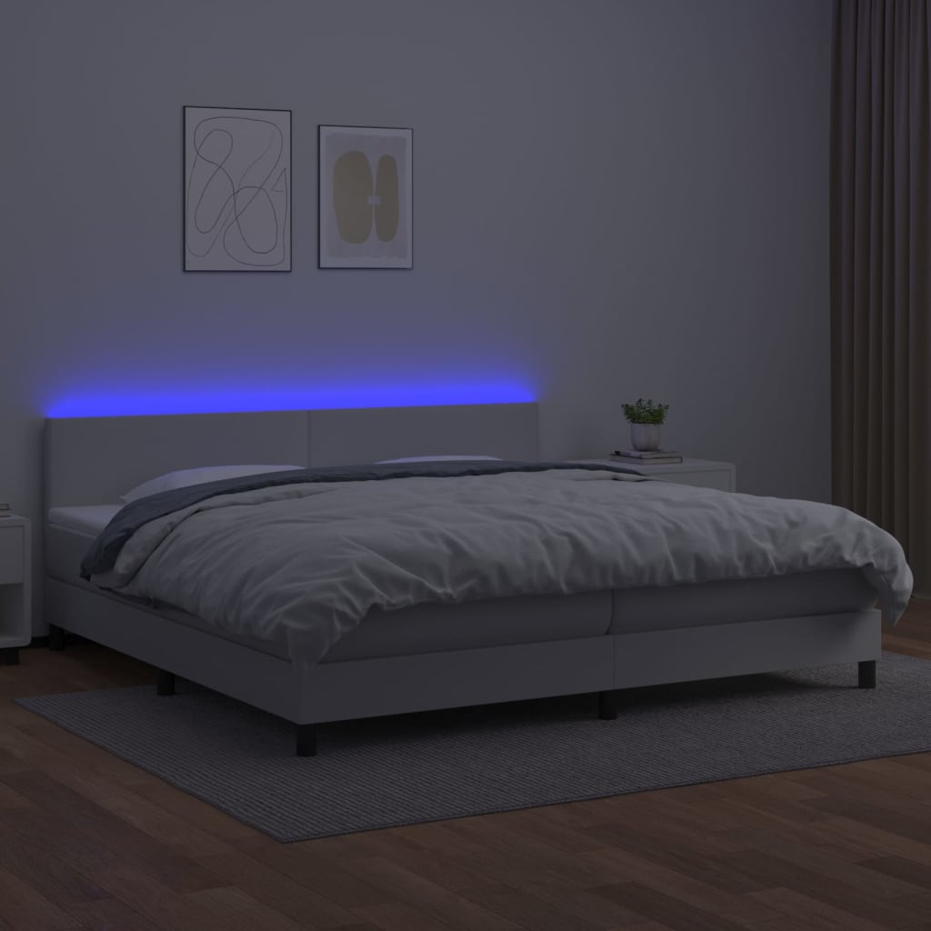 vidaXL Pat cu arcuri, saltea și LED, alb, 200x200 cm, piele ecologică vidaXL Pat cu arcuri, saltea și LED, alb, 200x200 cm, piele ecologică