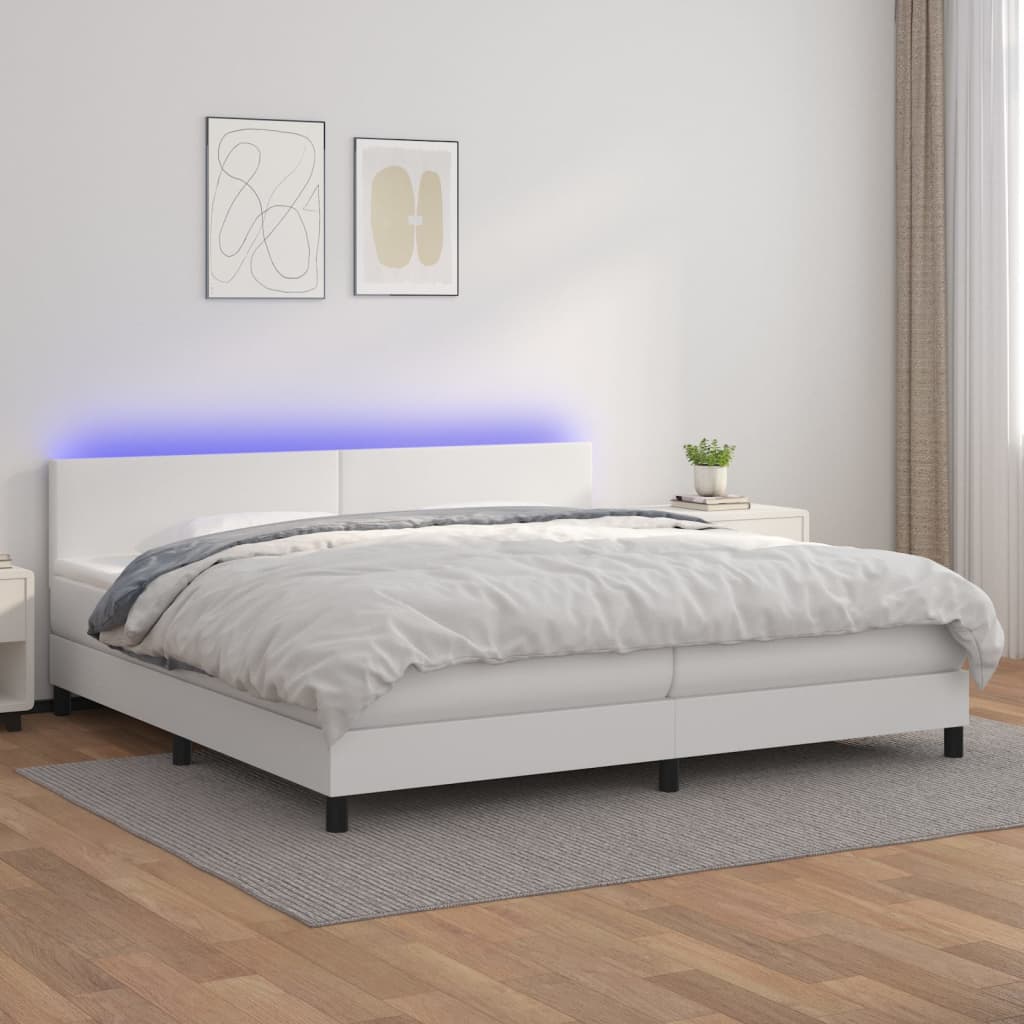 vidaXL Pat cu arcuri, saltea și LED, alb, 200x200 cm, piele ecologică vidaXL Pat cu arcuri, saltea și LED, alb, 200x200 cm, piele ecologică