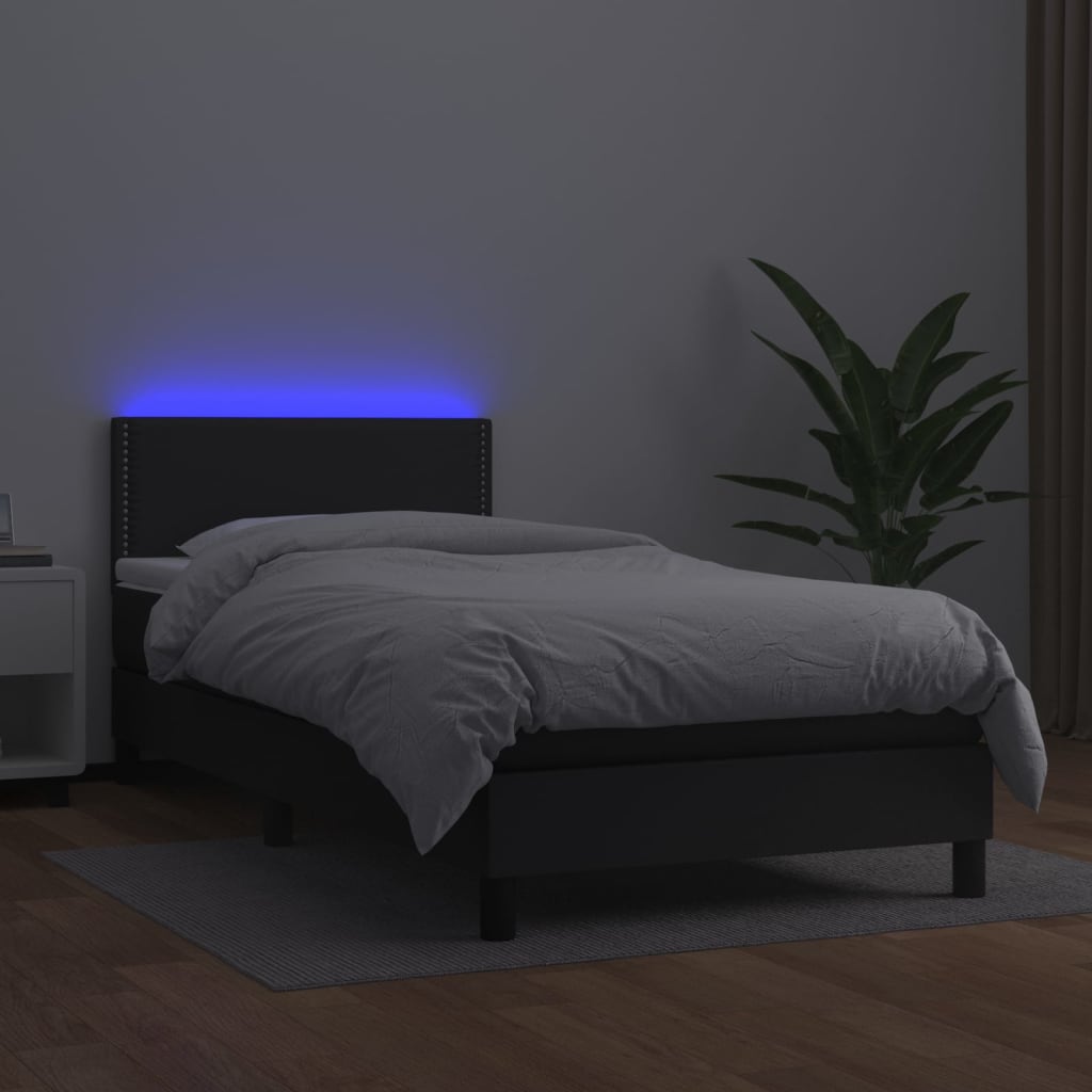 vidaXL Pat cu arcuri, saltea și LED, negru, 90x200 cm, piele ecologică