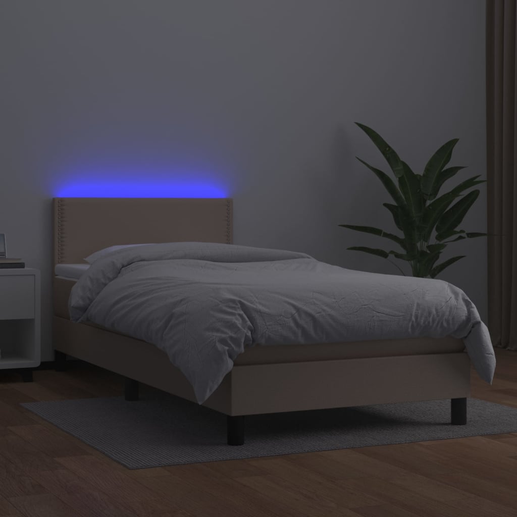 vidaXL Pat cu arcuri, cu saltea și LED, cappuccino 90x200 cm piele eco