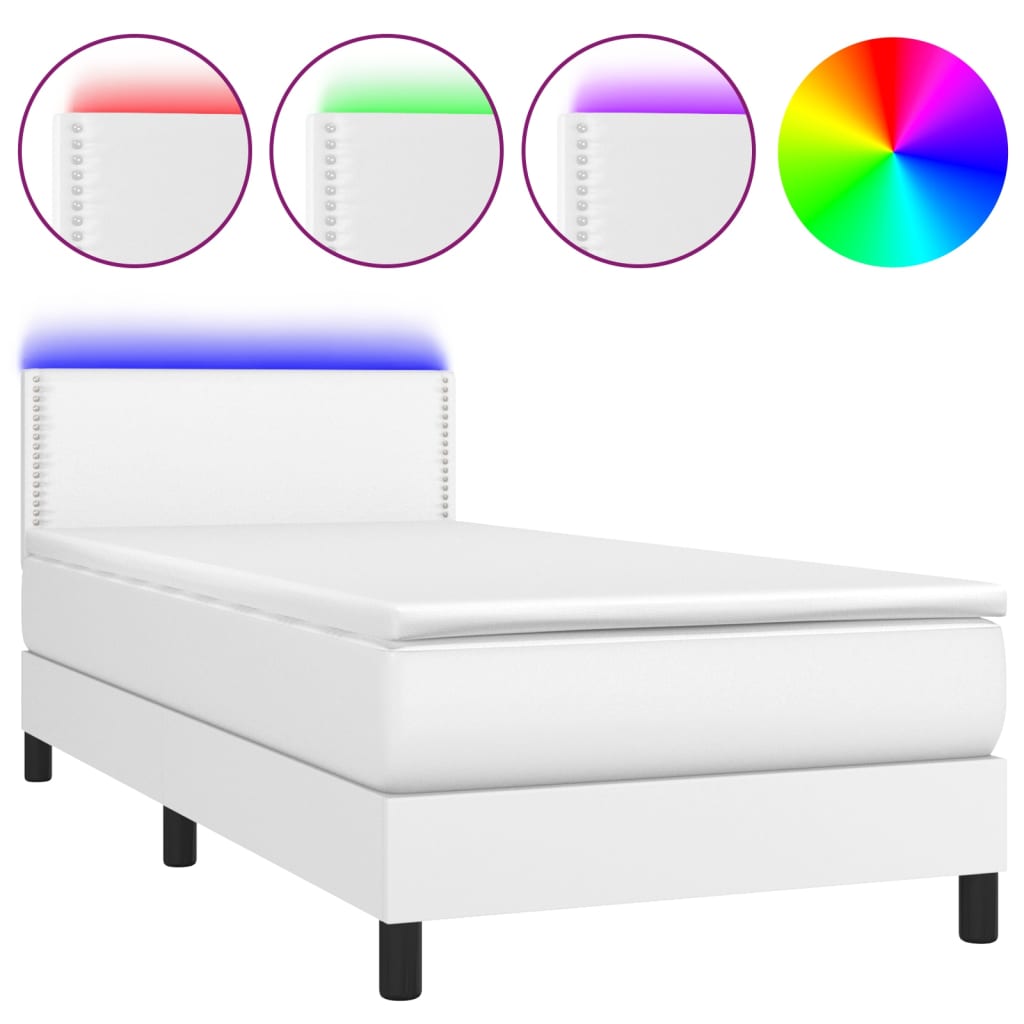 vidaXL Pat cu arcuri, saltea și LED, alb, 100x200 cm, piele ecologică