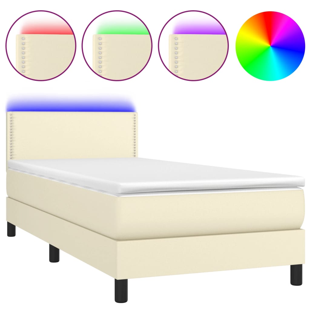 vidaXL Pat cu arcuri, saltea și LED, crem, 100x200 cm, piele ecologică