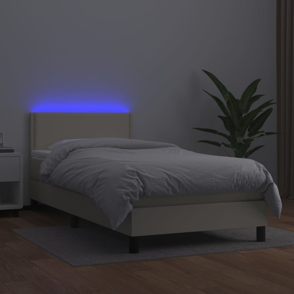 vidaXL Pat cu arcuri, saltea și LED, crem, 100x200 cm, piele ecologică
