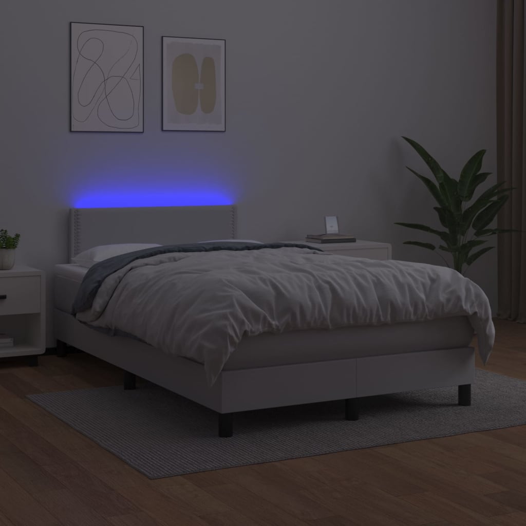 vidaXL Pat cu arcuri, saltea și LED, alb, 120x200 cm, piele ecologică