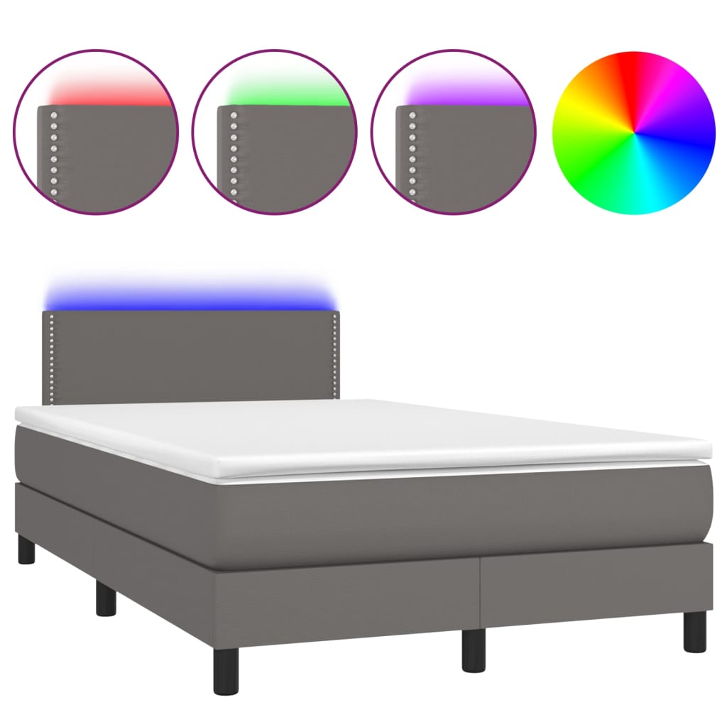 vidaXL Pat cu arcuri, saltea și LED, gri, 120x200 cm, piele ecologică