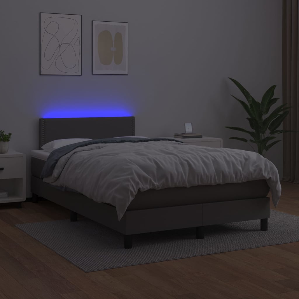 vidaXL Pat cu arcuri, saltea și LED, gri, 120x200 cm, piele ecologică