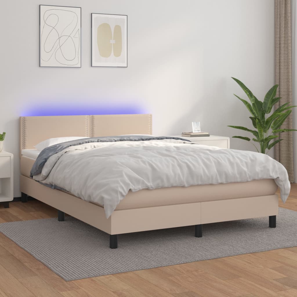 vidaXL Pat cu arcuri, cu saltea și LED cappuccino 140x190 cm piele eco vidaXL Pat cu arcuri, cu saltea și LED cappuccino 140x190 cm piele eco