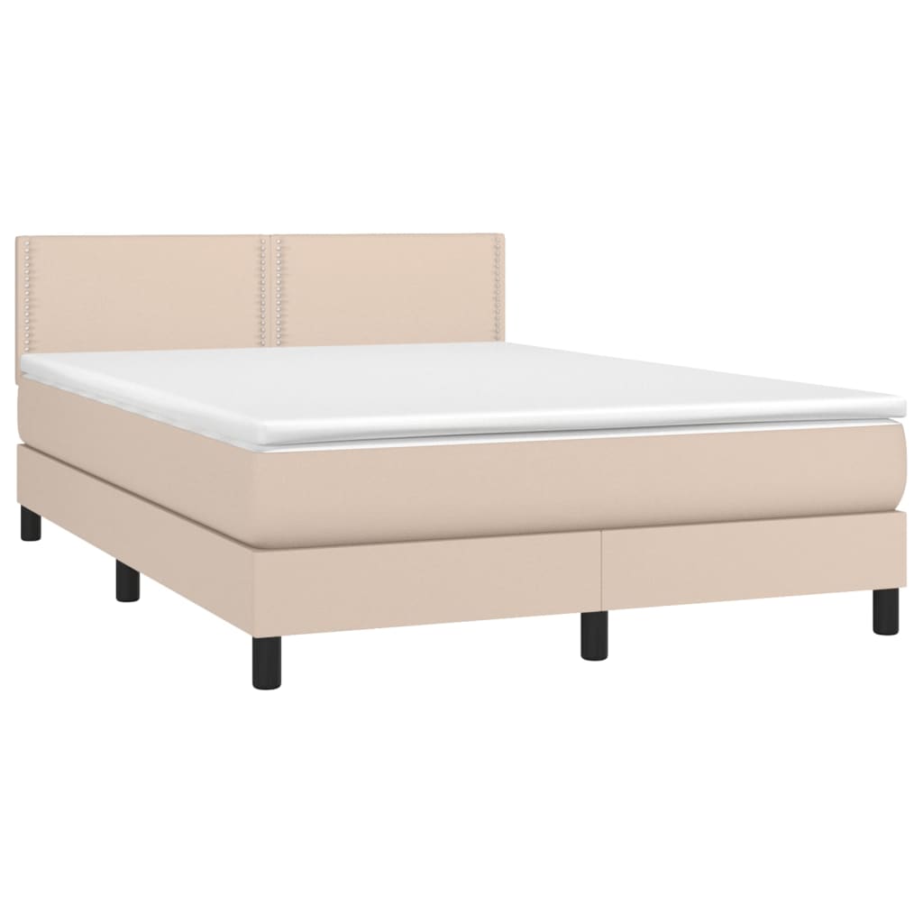vidaXL Pat cu arcuri, saltea și LED, cappuccino, 140x200cm, piele eco