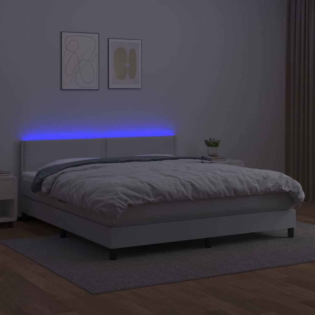 vidaXL Pat cu arcuri, saltea și LED, alb, 160x200 cm, piele ecologică