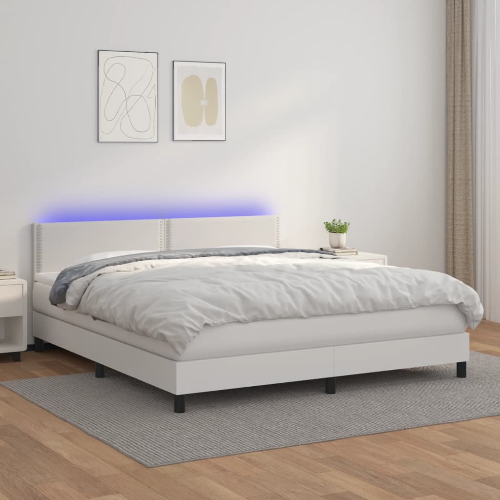 vidaXL Pat cu arcuri, saltea și LED, alb, 180x200 cm, piele ecologică vidaXL Pat cu arcuri, saltea și LED, alb, 180x200 cm, piele ecologică