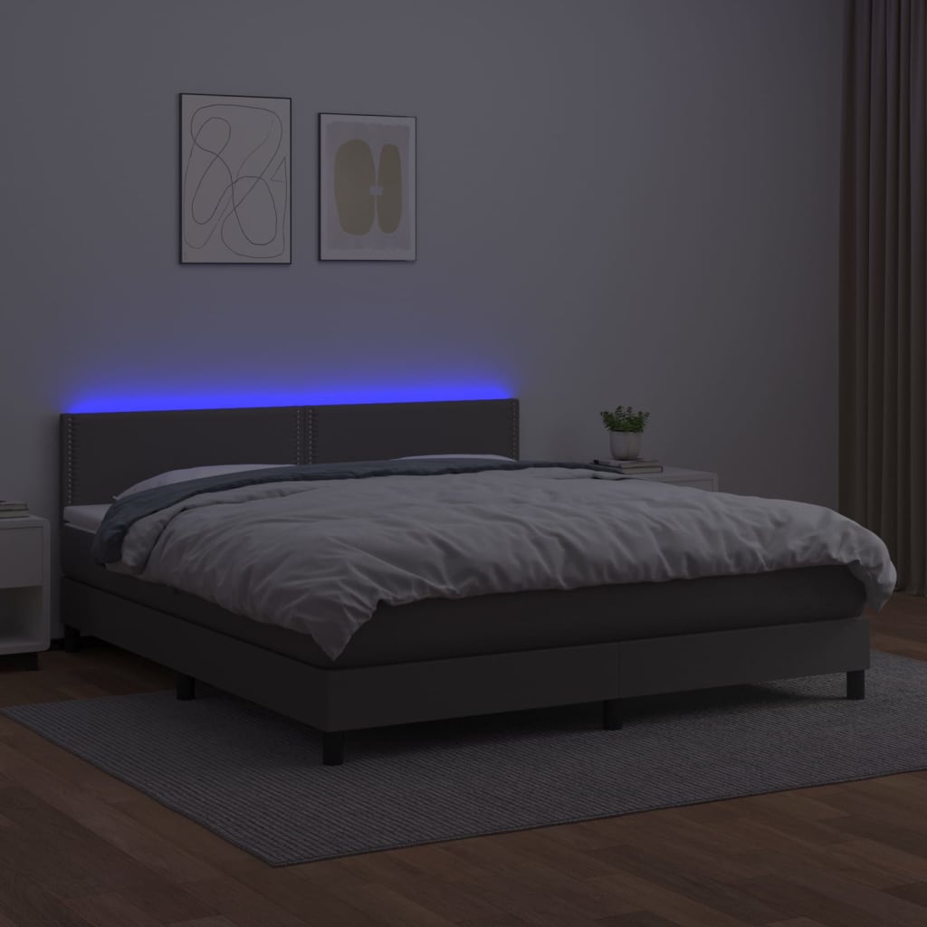 vidaXL Pat cu arcuri, saltea și LED, gri, 180x200 cm, piele ecologică