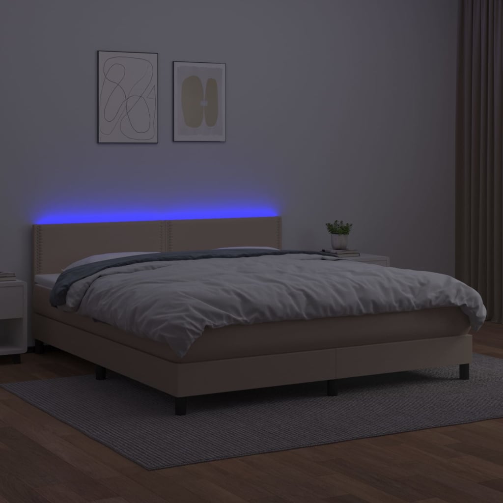 vidaXL Pat cu arcuri, cu saltea și LED cappuccino 180x200 cm piele eco vidaXL Pat cu arcuri, cu saltea și LED cappuccino 180x200 cm piele eco