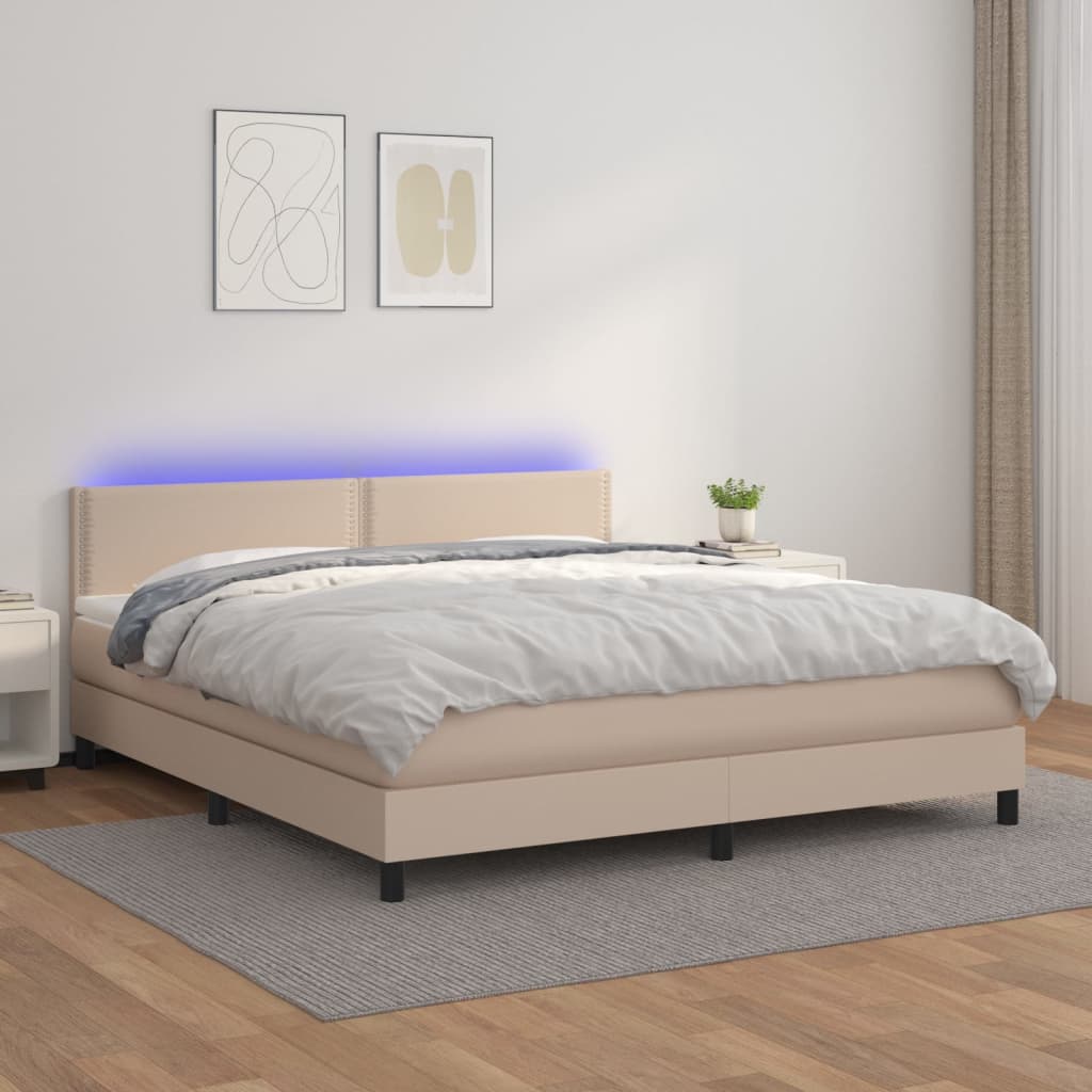 vidaXL Pat cu arcuri, cu saltea și LED cappuccino 180x200 cm piele eco vidaXL Pat cu arcuri, cu saltea și LED cappuccino 180x200 cm piele eco