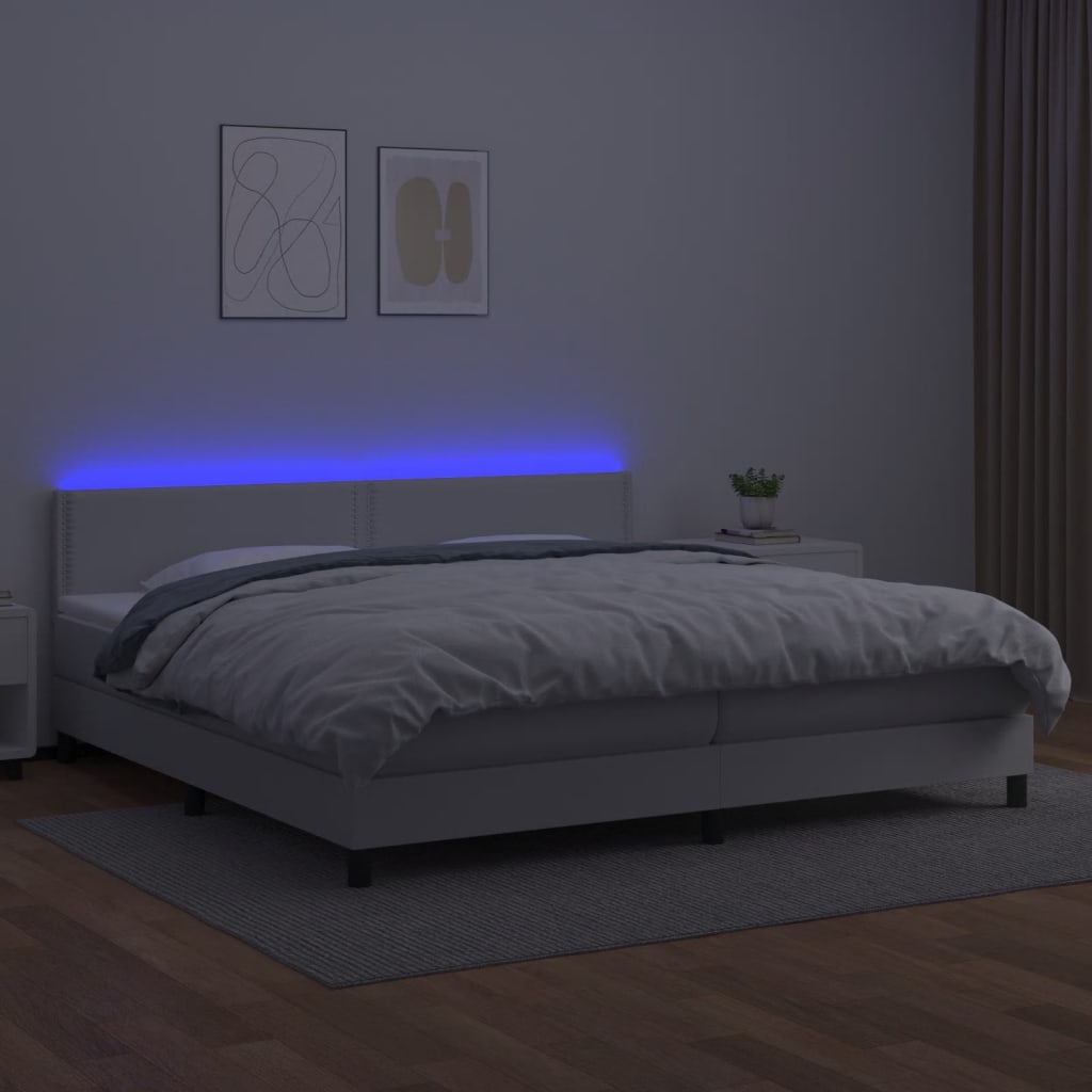 vidaXL Pat cu arcuri, saltea și LED, alb, 200x200 cm, piele ecologică vidaXL Pat cu arcuri, saltea și LED, alb, 200x200 cm, piele ecologică
