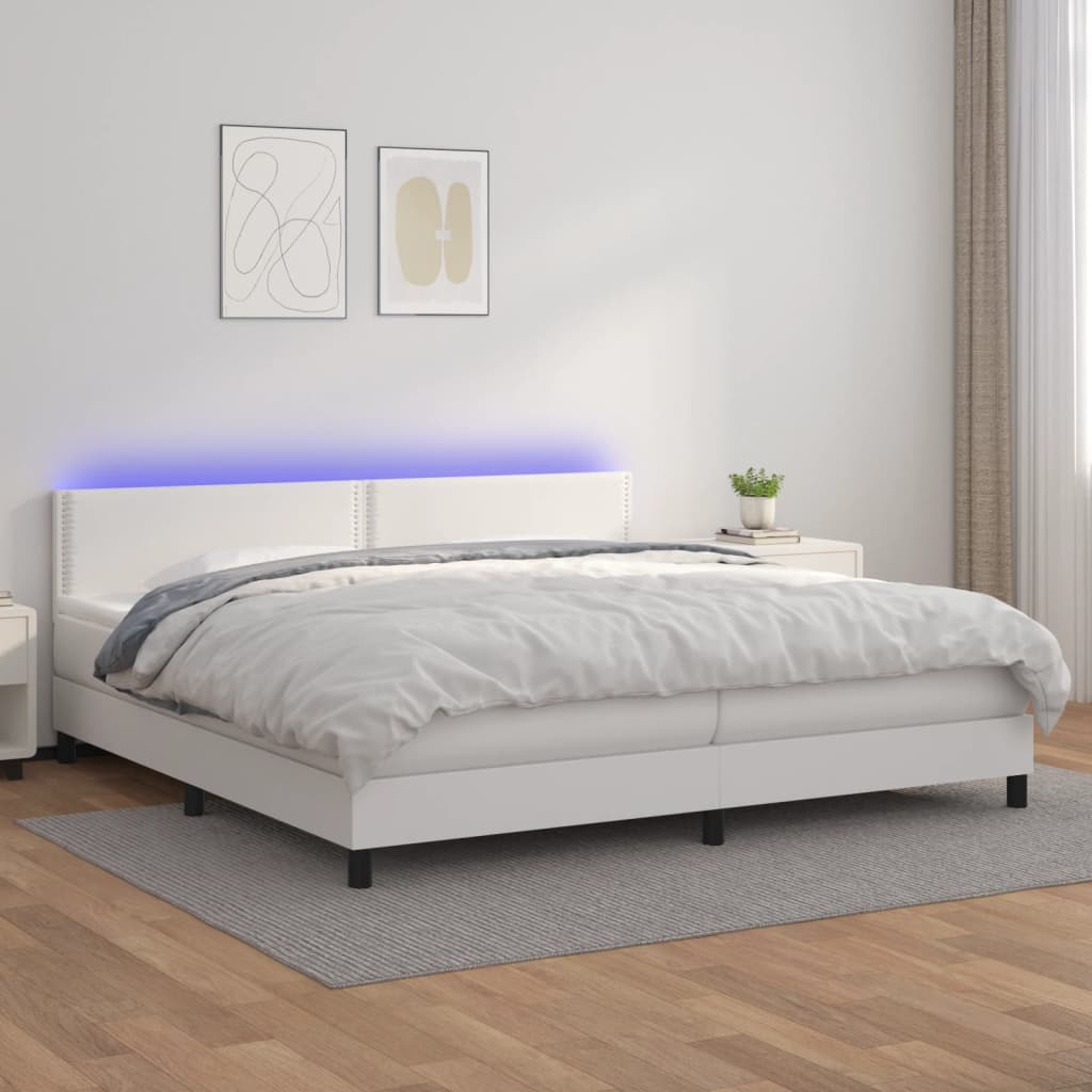 vidaXL Pat cu arcuri, saltea și LED, alb, 200x200 cm, piele ecologică vidaXL Pat cu arcuri, saltea și LED, alb, 200x200 cm, piele ecologică