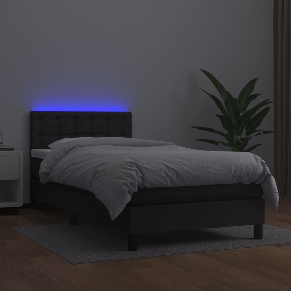 vidaXL Pat cu arcuri, saltea și LED, negru, 90x190 cm, piele ecologică vidaXL Pat cu arcuri, saltea și LED, negru, 90x190 cm, piele ecologică